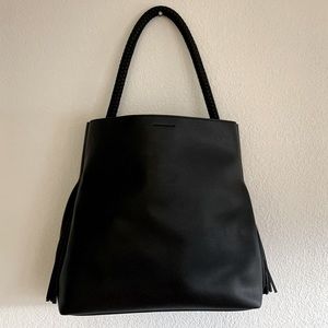 Large black leather fringe tote purse